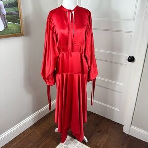 Self Portrait Red Satin Midi Hankerchief Hem Dress Size 8